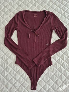 American Eagle Outfitters Ribbed Tie-Front Long-Sleeve Bodysuit - Wine
